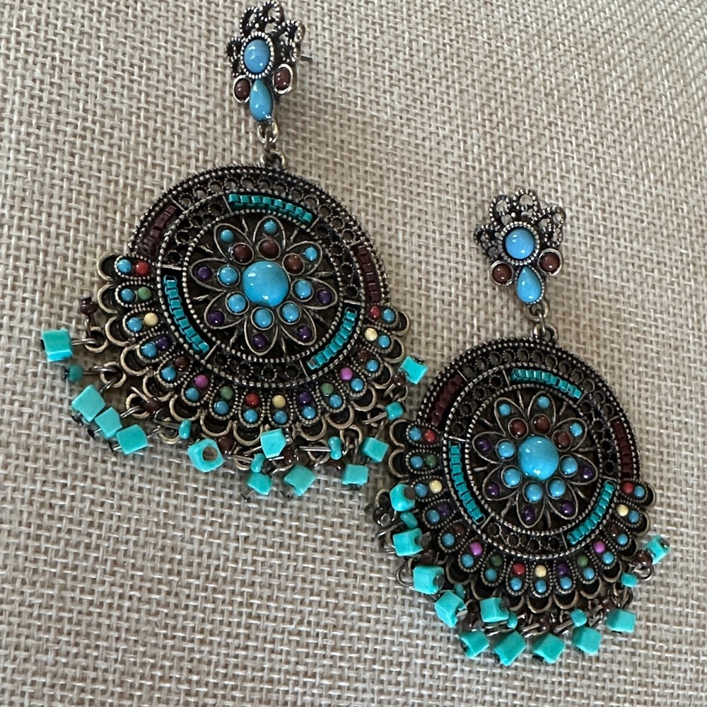 Bohemian Faux Turquoise and Multicolor Statement Earrings